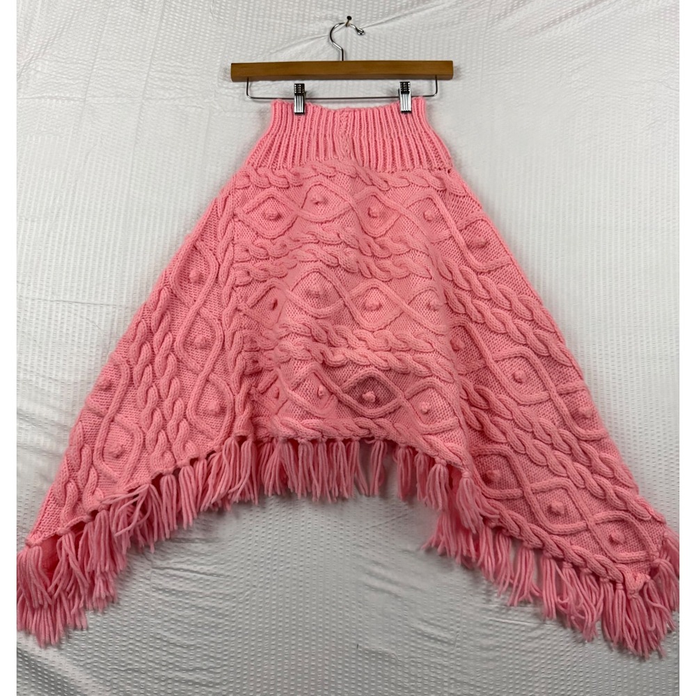 Vintage Pink Cable Knit Poncho Turtleneck Fringe Popcorn Stitch Wrap One Size